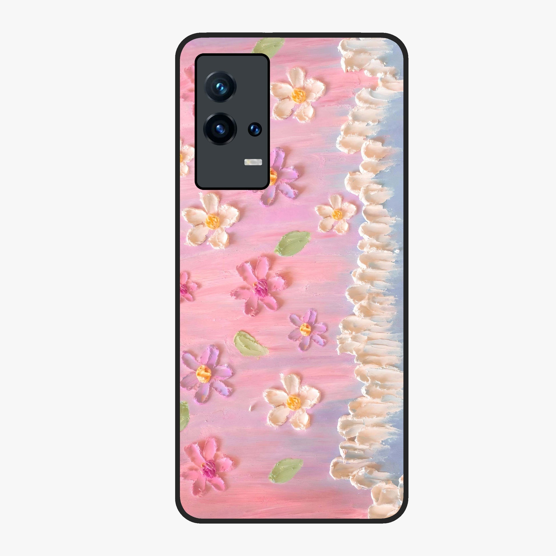 Dreamy Painted Garden Glass Case showing flat back view with artistic painted floral garden artwork and glossy glass finish.