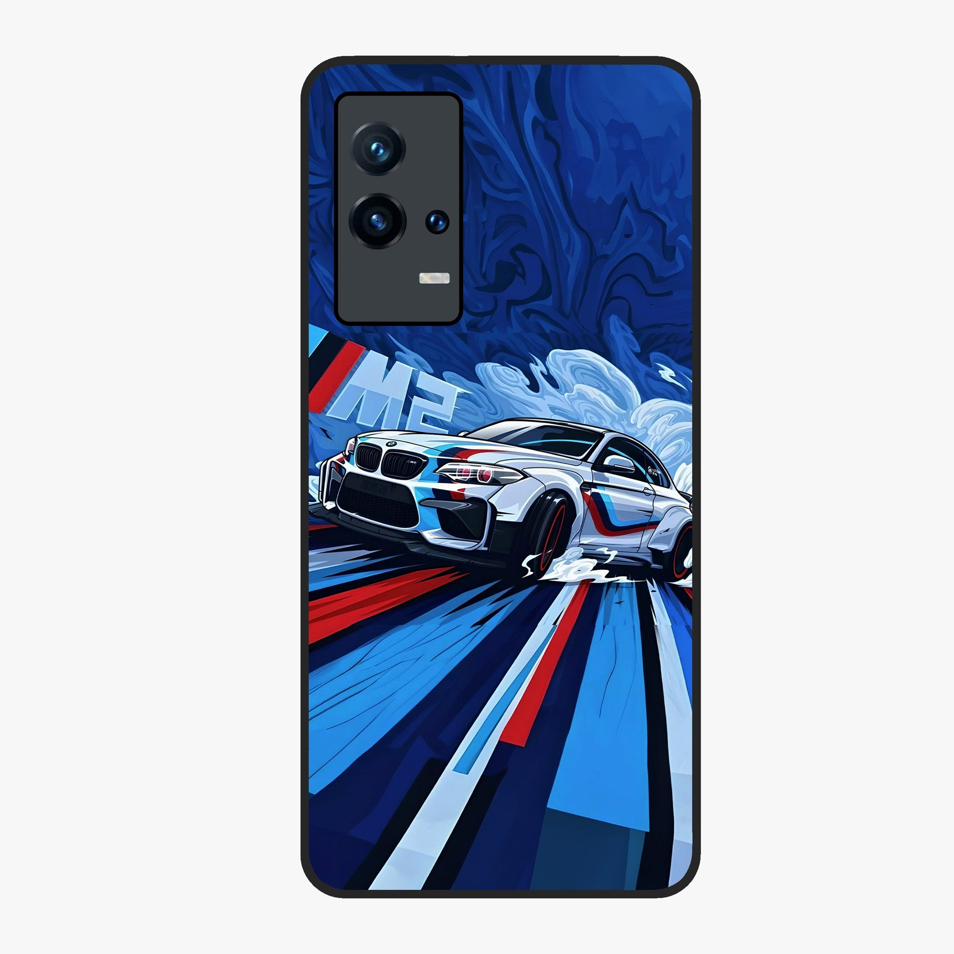 Drift Power Rush Glass Case showing flat back view with dynamic racing inspired artwork and glossy glass finish.