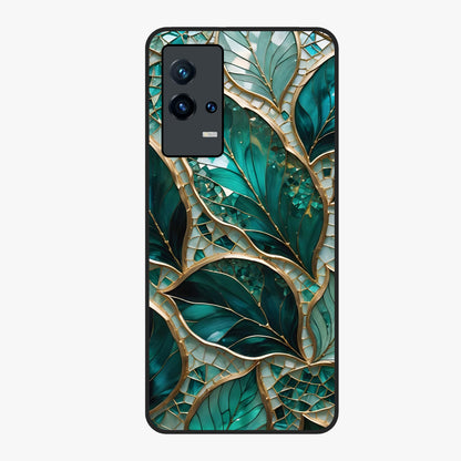 Emerald Leaf Glass Glass Case showing flat back view with emerald green leaf artwork and glossy glass finish.