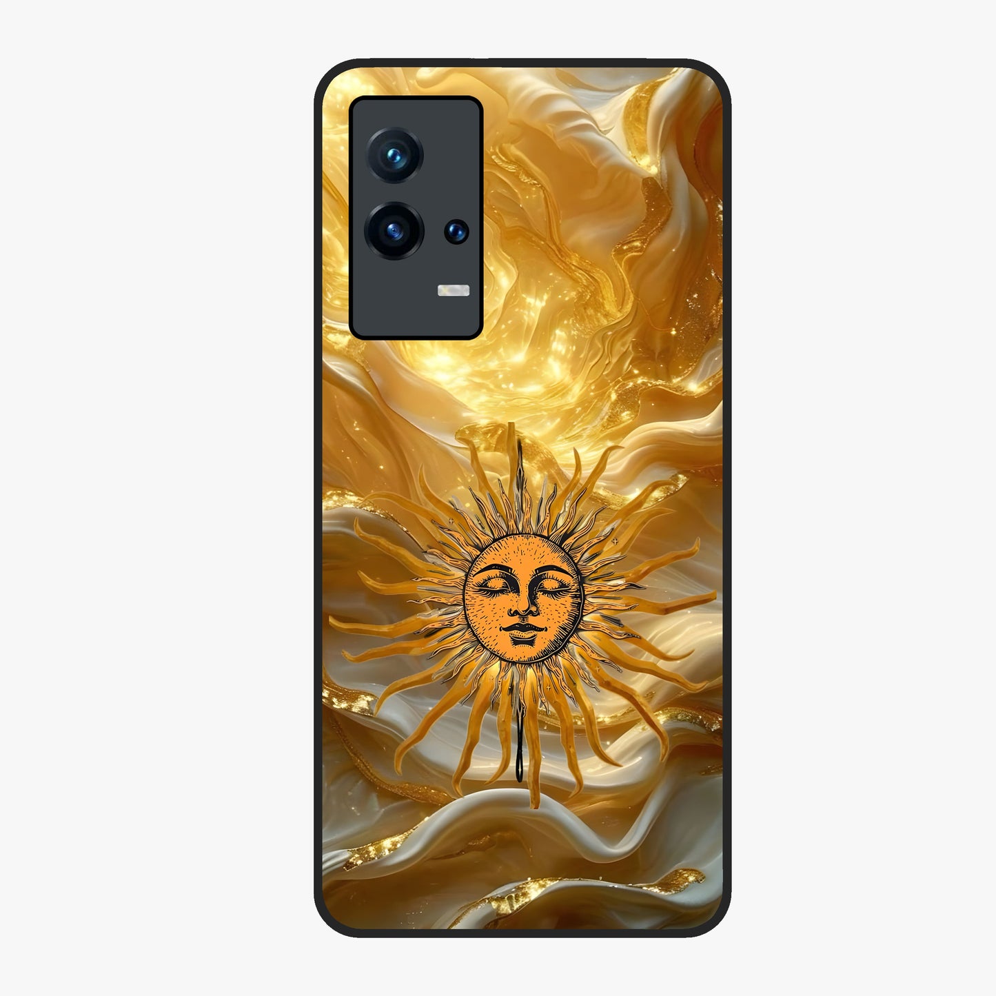 Eternal Golden Glow Glass Case showing flat back view with radiant golden themed artwork and glossy glass finish.