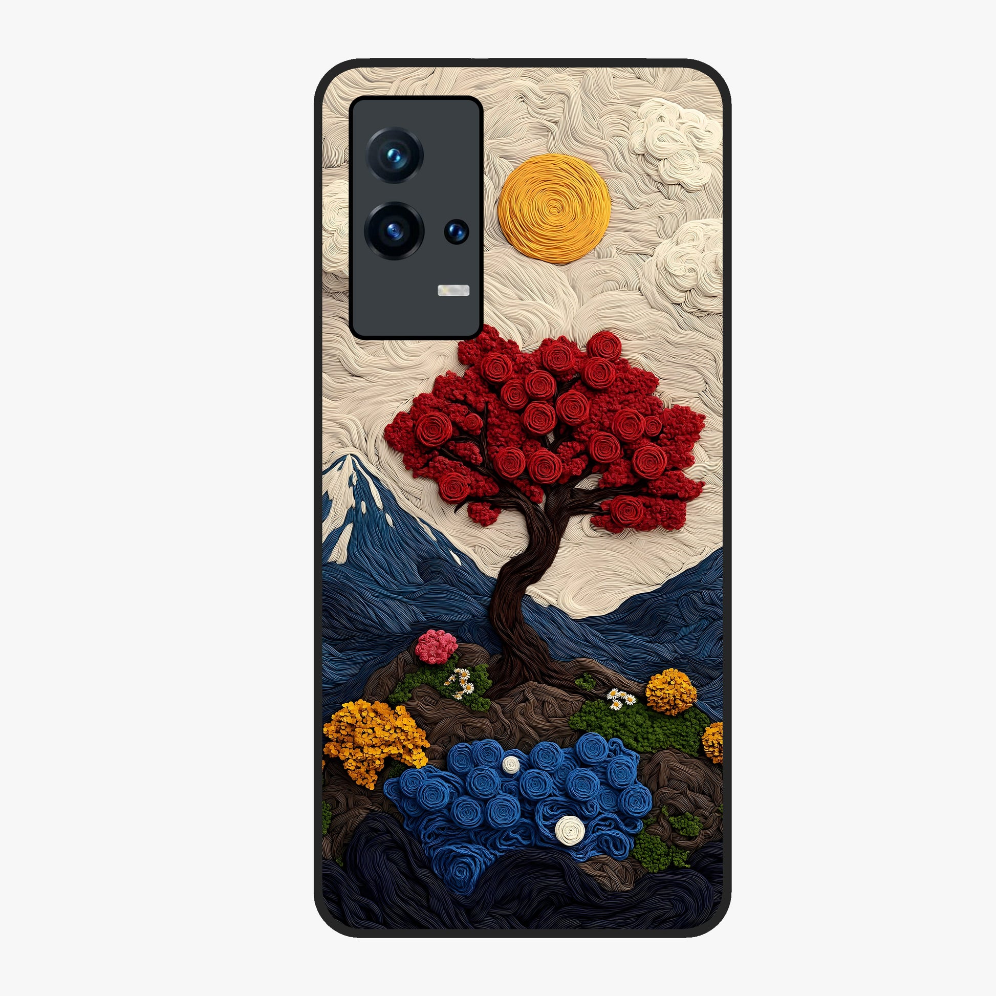 Eternal Nature Tapestry Glass Case showing flat back view with intricate nature tapestry artwork and glossy glass finish.