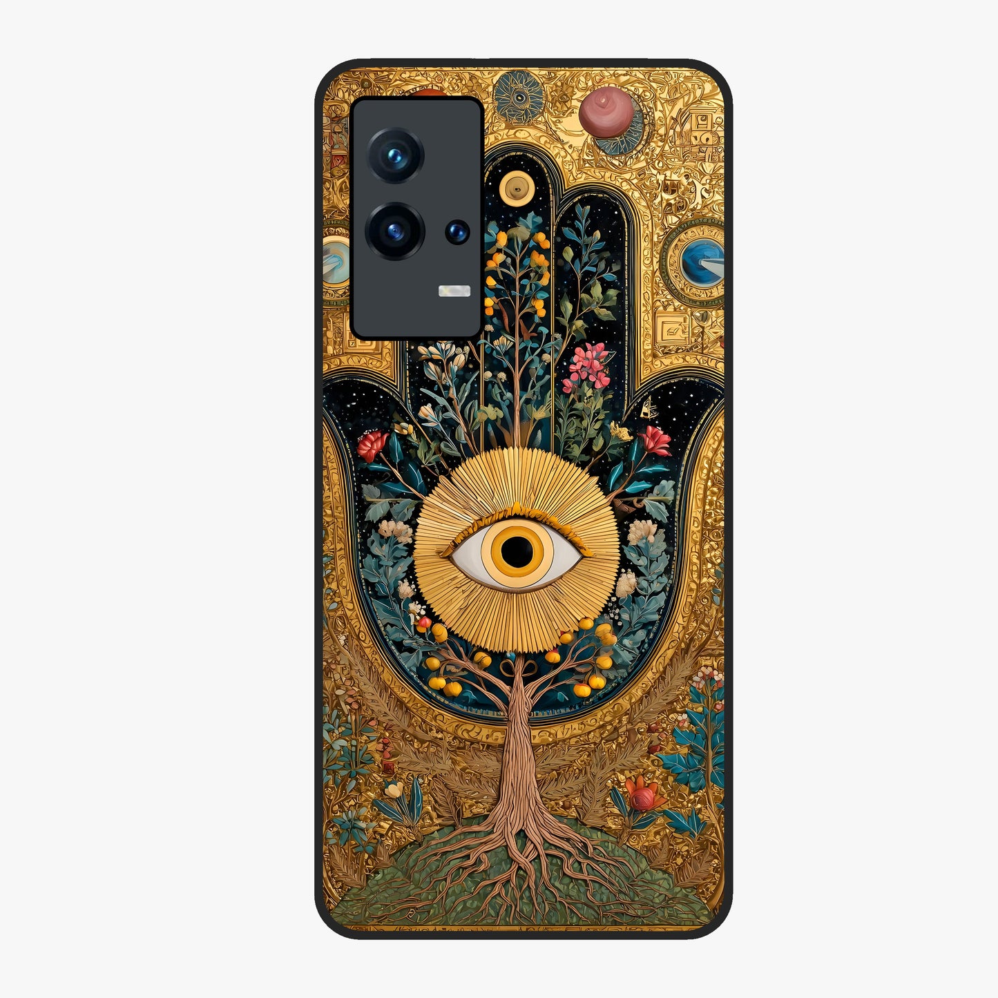 Ethereal Evil Eye Glass Case showing flat back view with mystical evil eye artwork and glossy glass finish.