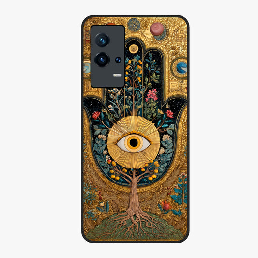 Ethereal Evil Eye Glass Case showing flat back view with mystical evil eye artwork and glossy glass finish.