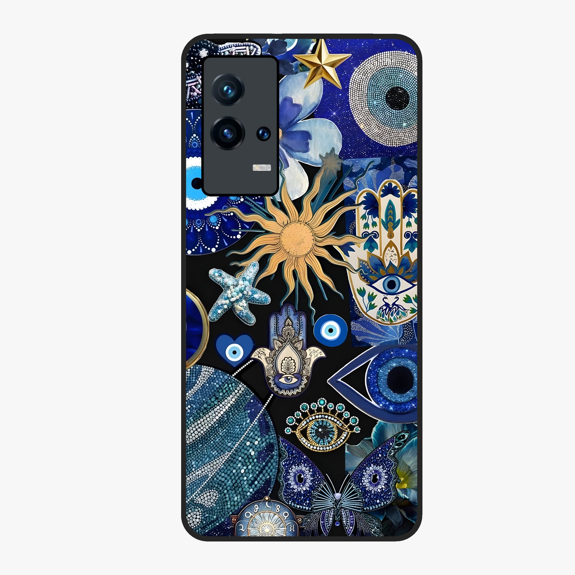 Evil Eye Charm Mix Glass Case showing flat back view with multiple evil eye charms artwork and glossy glass finish.