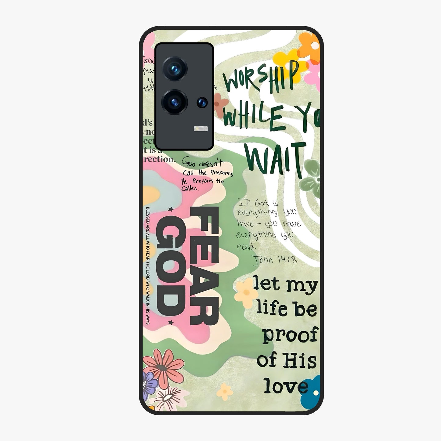 Faith Over Fear Glass Case showing flat back view with motivational typography artwork and glossy glass finish.