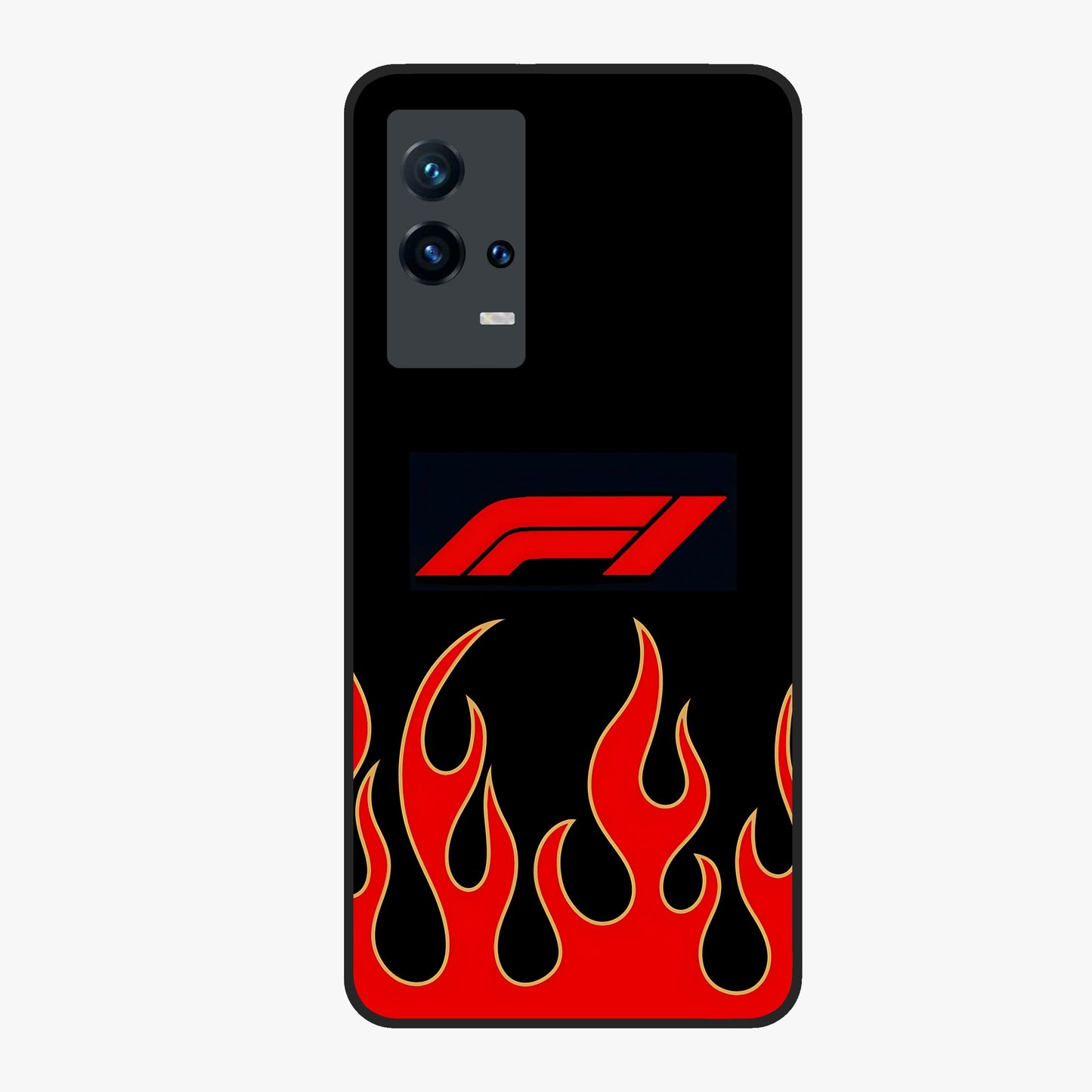 Fire F11 Glass Case showing flat back view with fiery themed artwork and glossy glass finish.