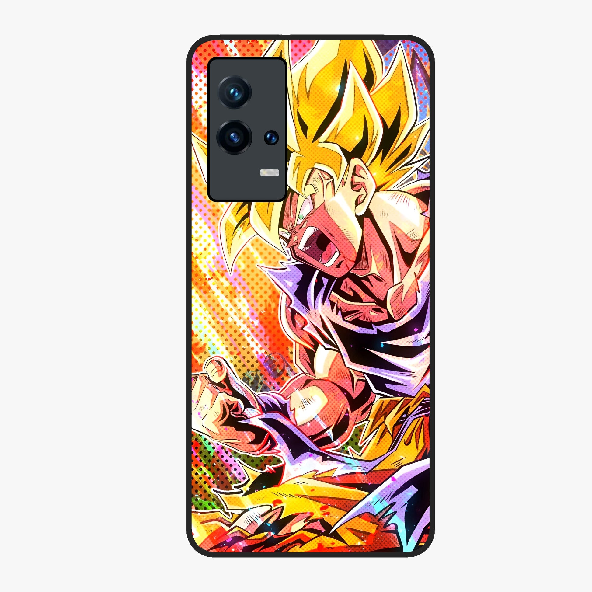 Firing Goku Glass Case showing flat back view with powerful anime inspired artwork and glossy glass finish.