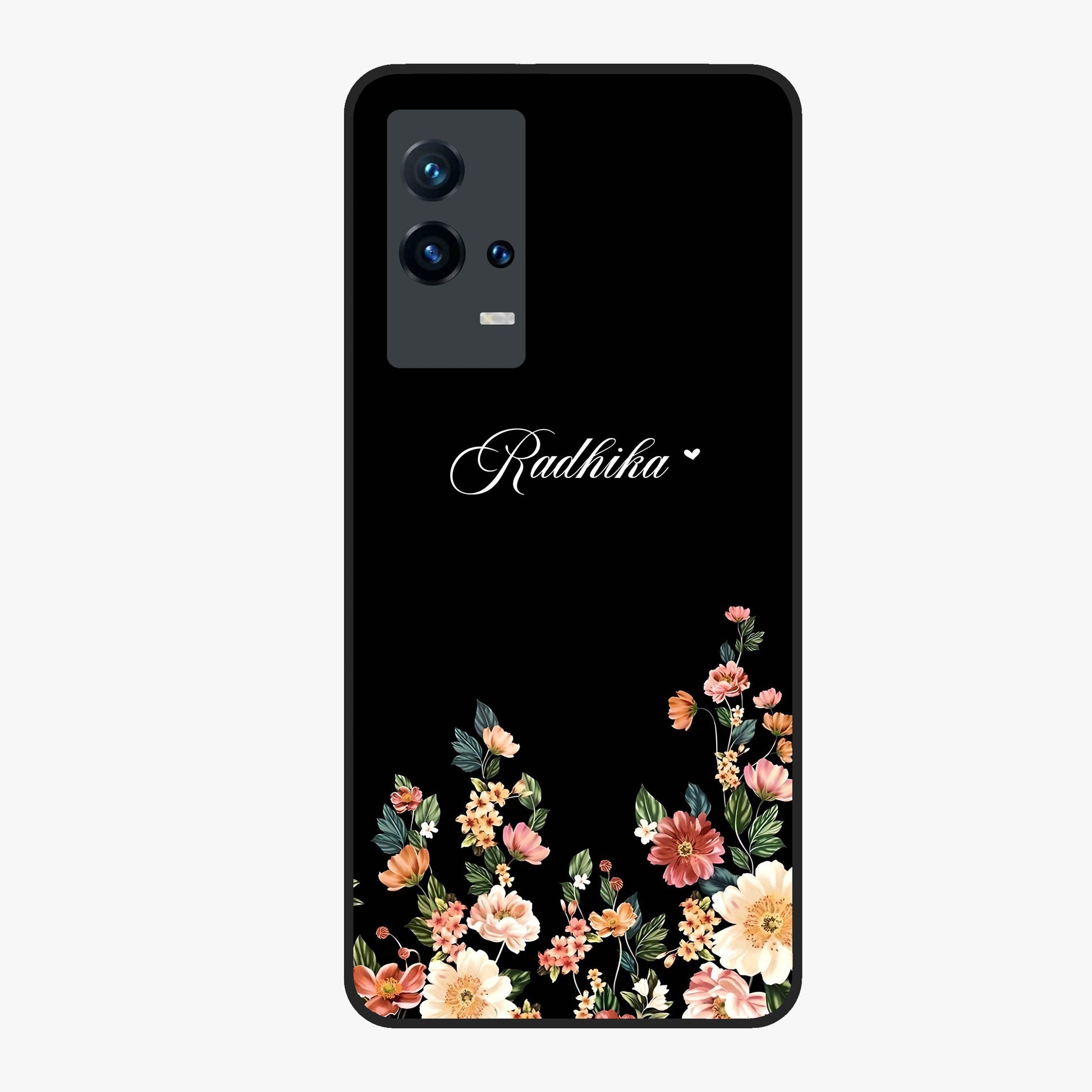 Floral Design With a Custom Personalized Name Glass Case showing flat back view with floral artwork and personalized name design.