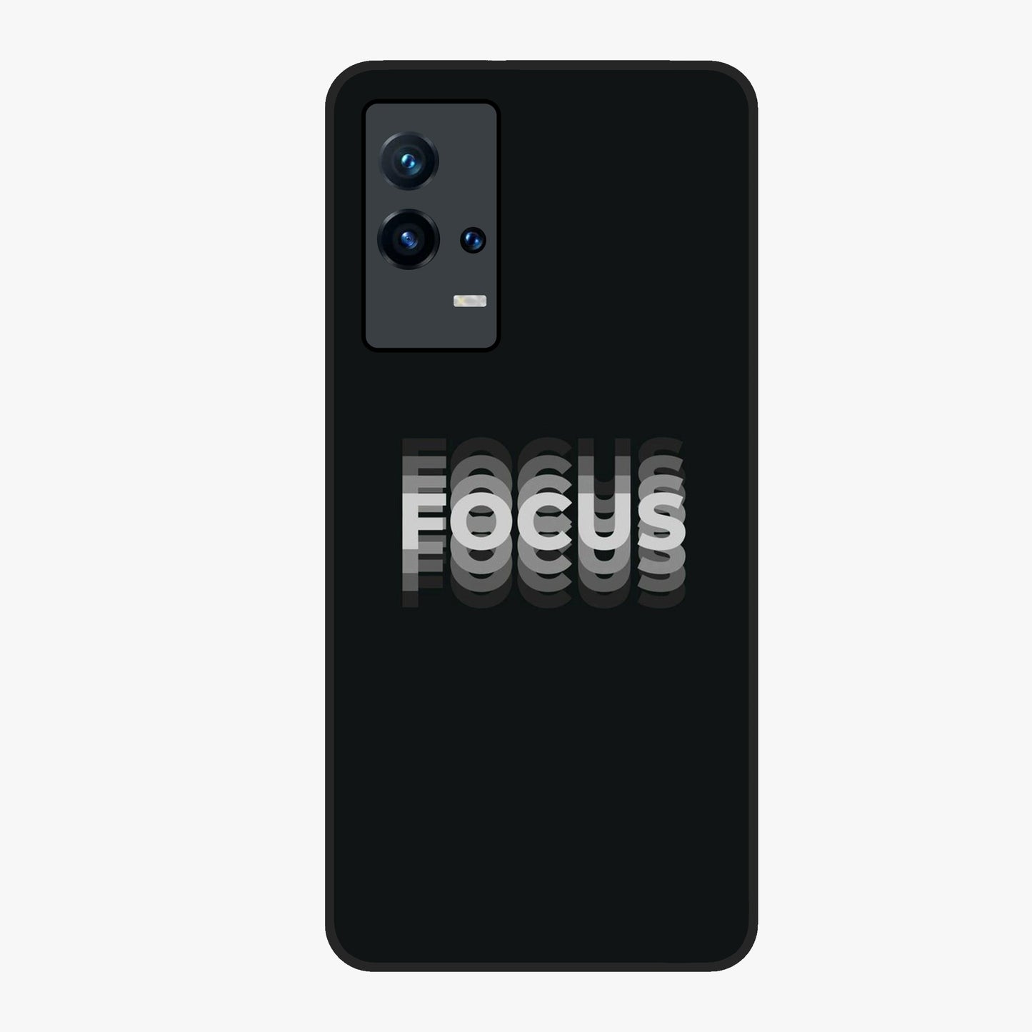 Focus Mode On Glass Case showing flat back view with bold motivational typography design and glossy glass finish.