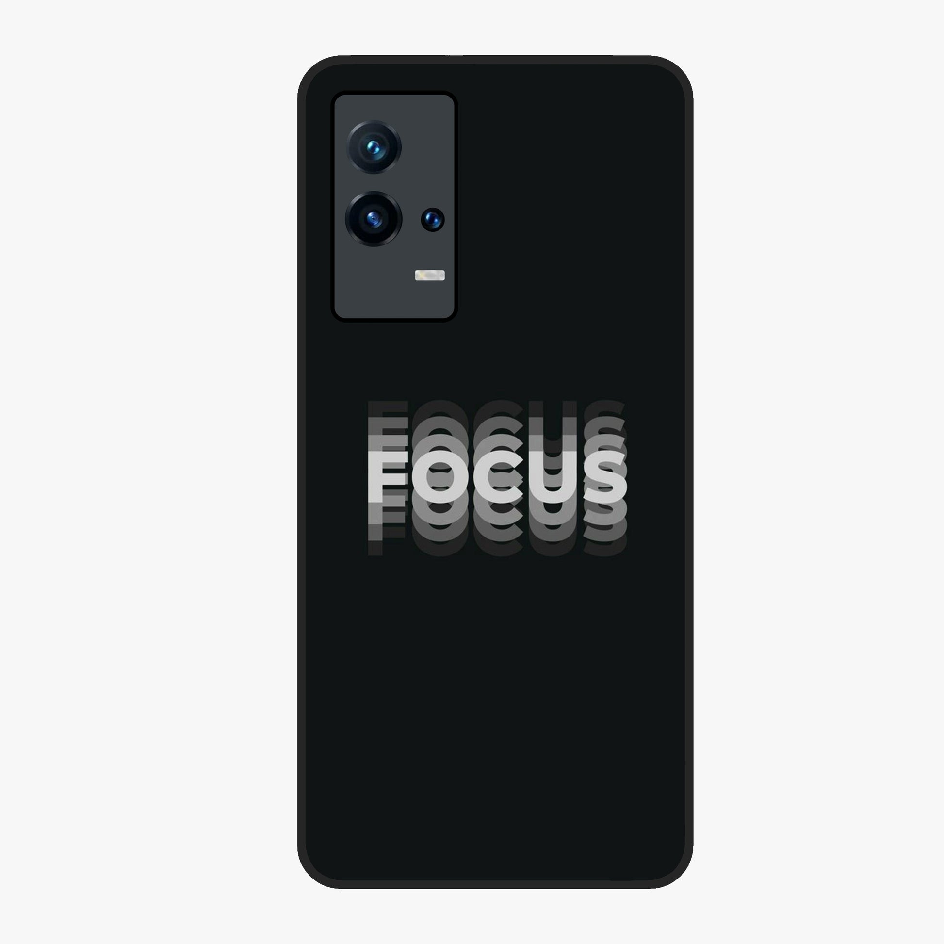 Focus Mode On Glass Case showing flat back view with bold motivational typography design and glossy glass finish.