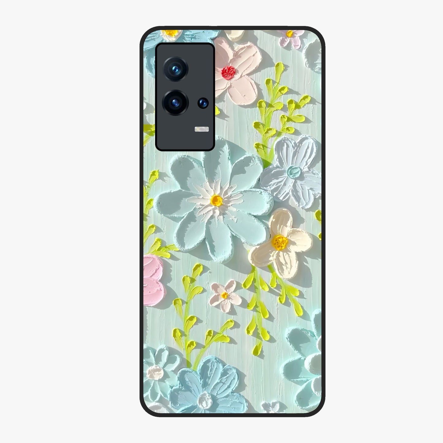 Frosted Petal Garden Glass Case showing flat back view with soft frosted floral artwork and glossy glass finish.