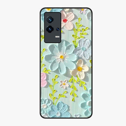 Frosted Petal Garden Glass Case showing flat back view with soft frosted floral artwork and glossy glass finish.