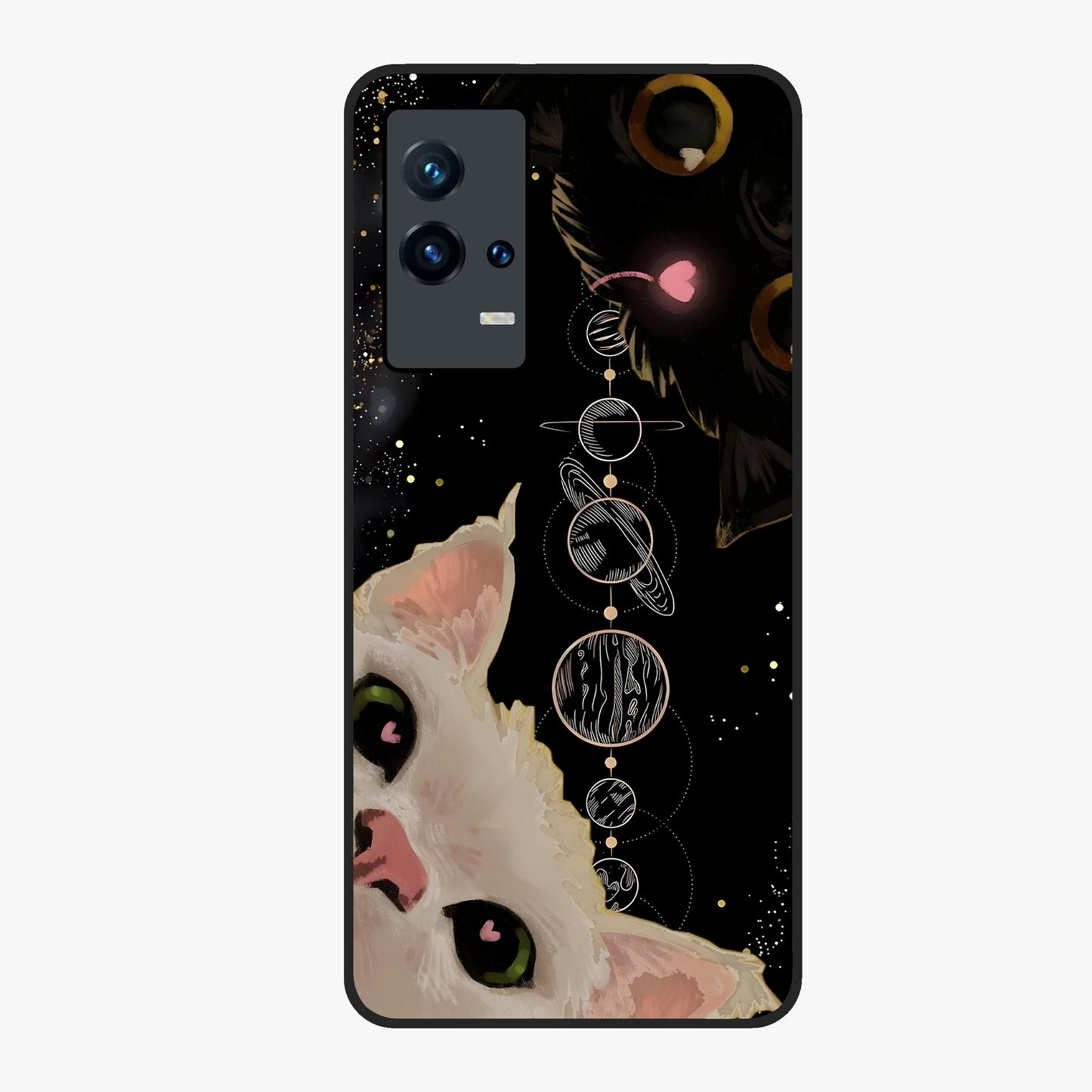 Galactic Cat Glass Case showing flat back view with cosmic cat artwork and glossy glass finish.