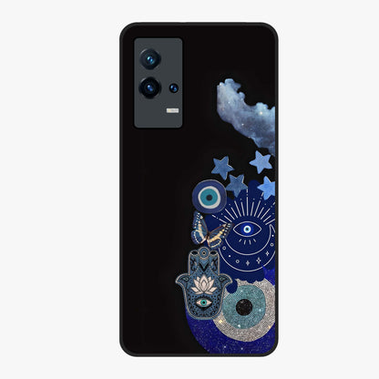 Galactic Charm Cluster Glass Case showing flat back view with glowing celestial charm artwork and glossy glass finish.