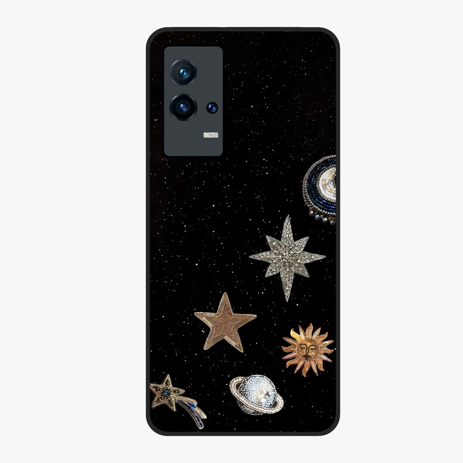 Galactic Charm Glow Glass Case showing flat back view with glowing celestial charm artwork and glossy glass finish.