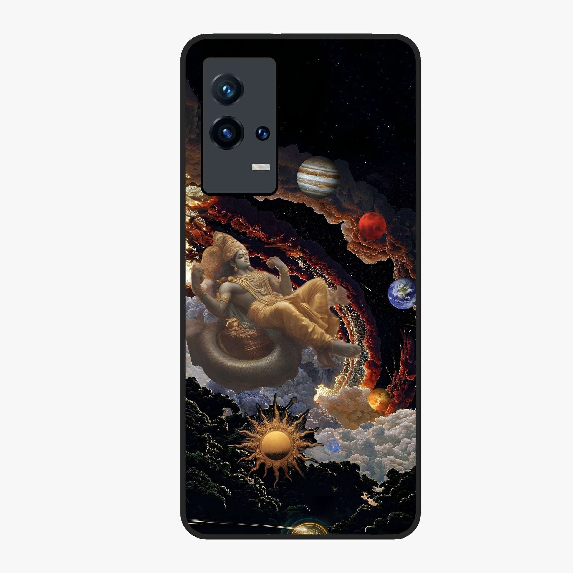 Galactic Divine God Glass Case showing flat back view with divine cosmic themed artwork and glossy glass finish.