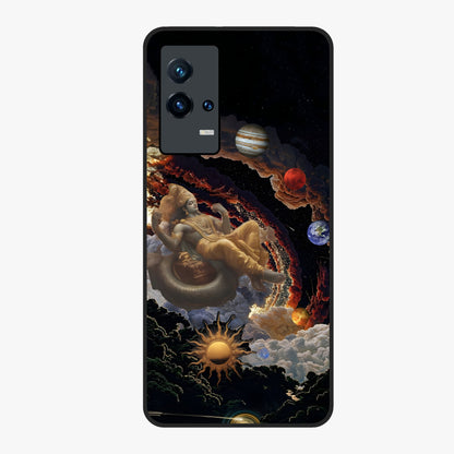 Galactic Divine God Glass Case showing flat back view with divine cosmic themed artwork and glossy glass finish.