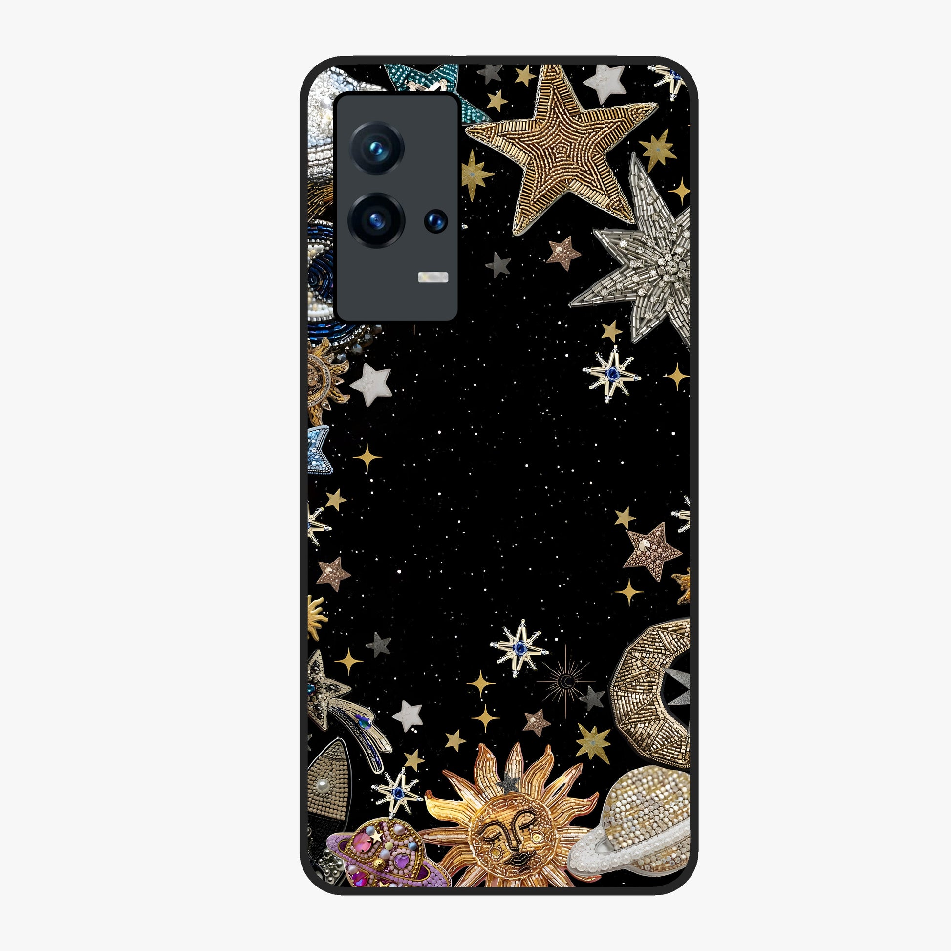 Galactic Jewel Stars Glass Case showing flat back view with sparkling star jewel artwork and glossy glass finish.