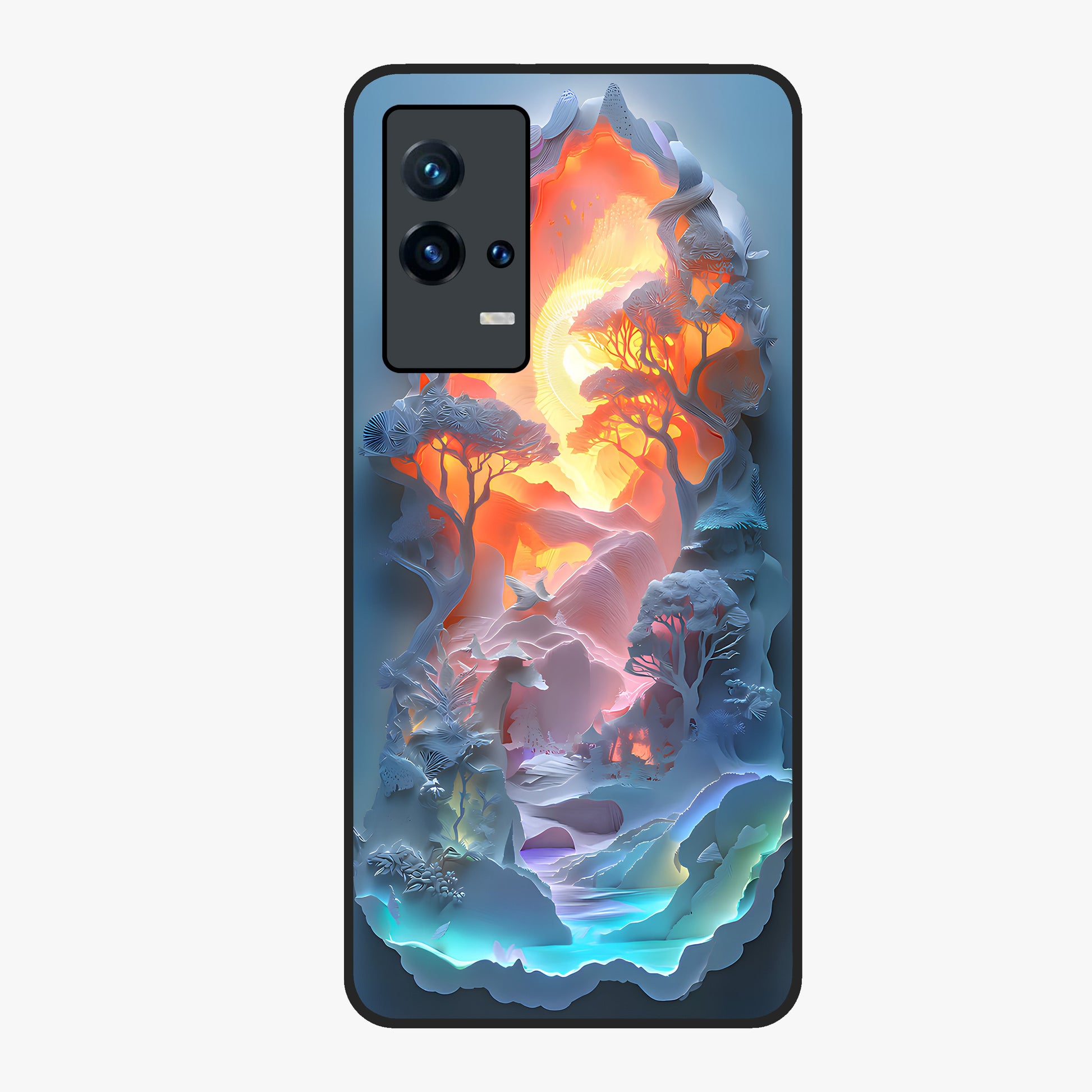 Glow Forest Portal Glass Case showing flat back view with glowing forest portal artwork and glossy glass finish.