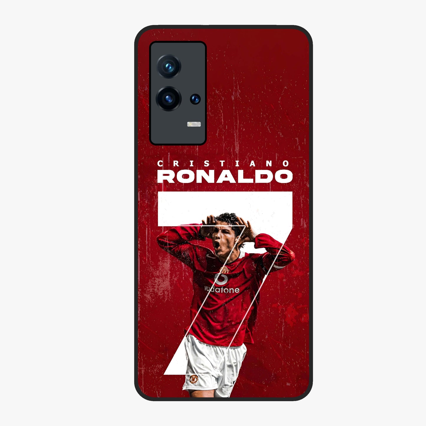 Goal Celebration Legacy Glass Case showing flat back view with football celebration inspired artwork and glossy glass finish.