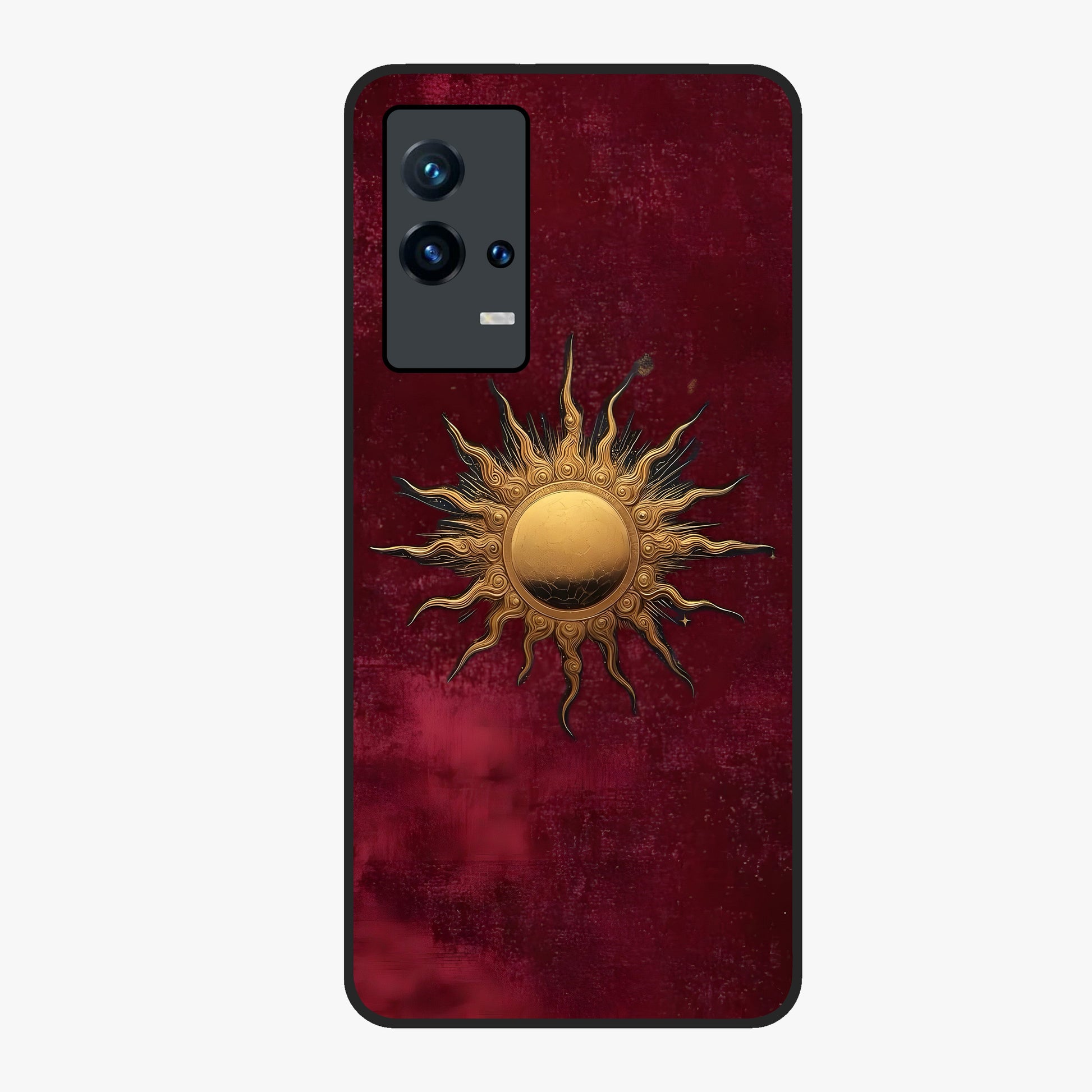 Gold Sun Blush Glass Case showing flat back view with golden sun inspired artwork and glossy glass finish.