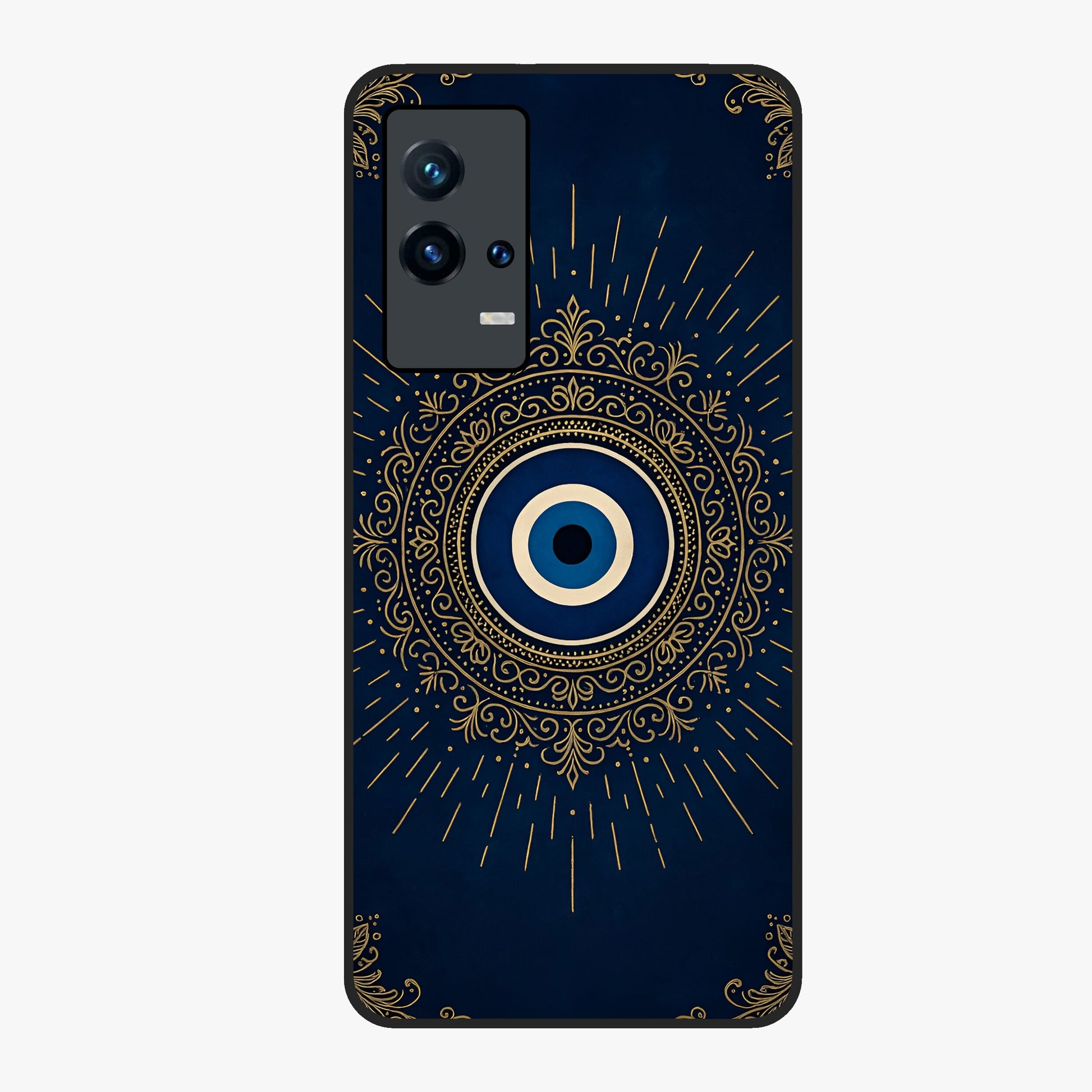 Golden Evil Eye Mandala Glass Case showing flat back view with intricate evil eye mandala artwork and glossy glass finish.