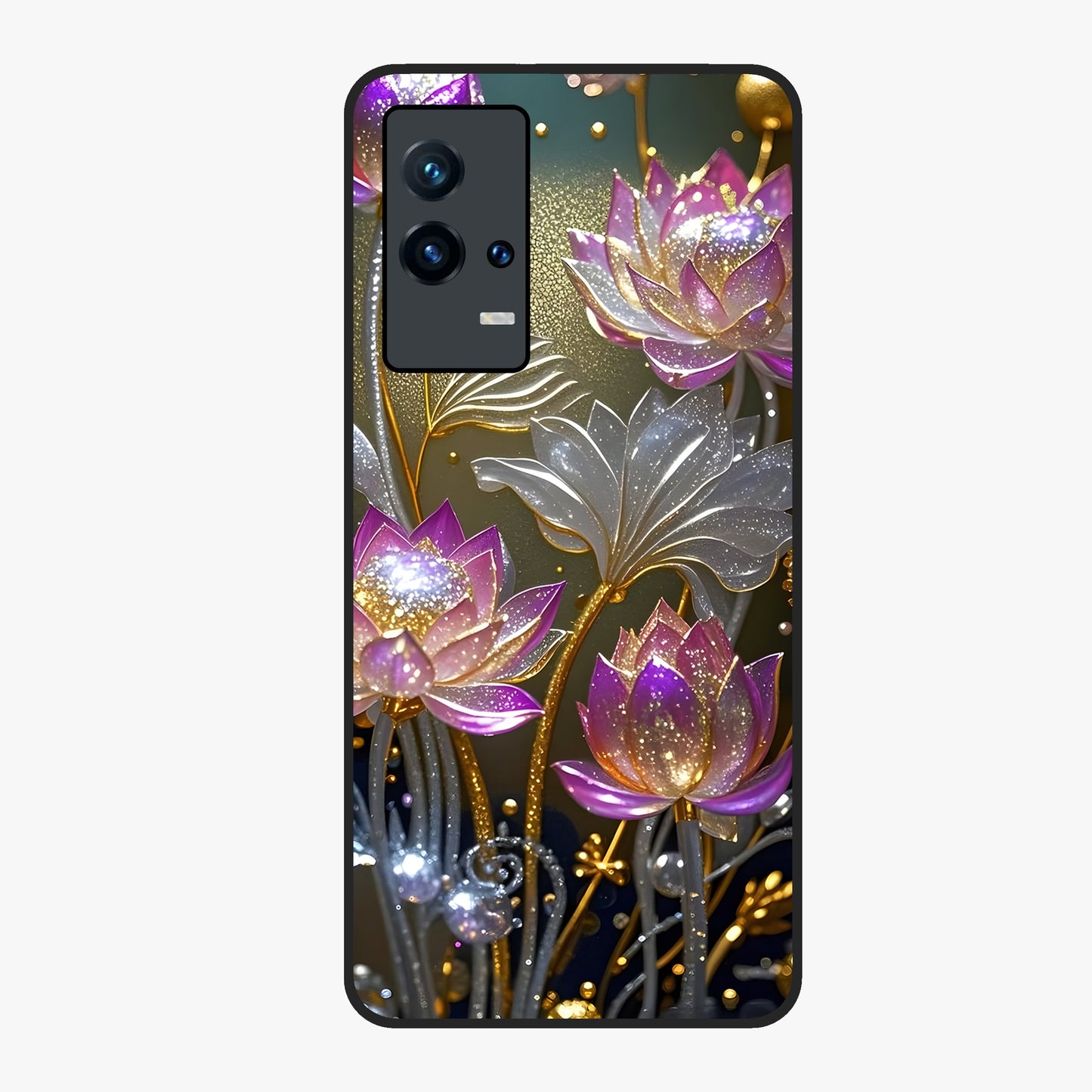 Golden Lotus Glow Glass Case showing flat back view with glowing lotus flower artwork and glossy glass finish.