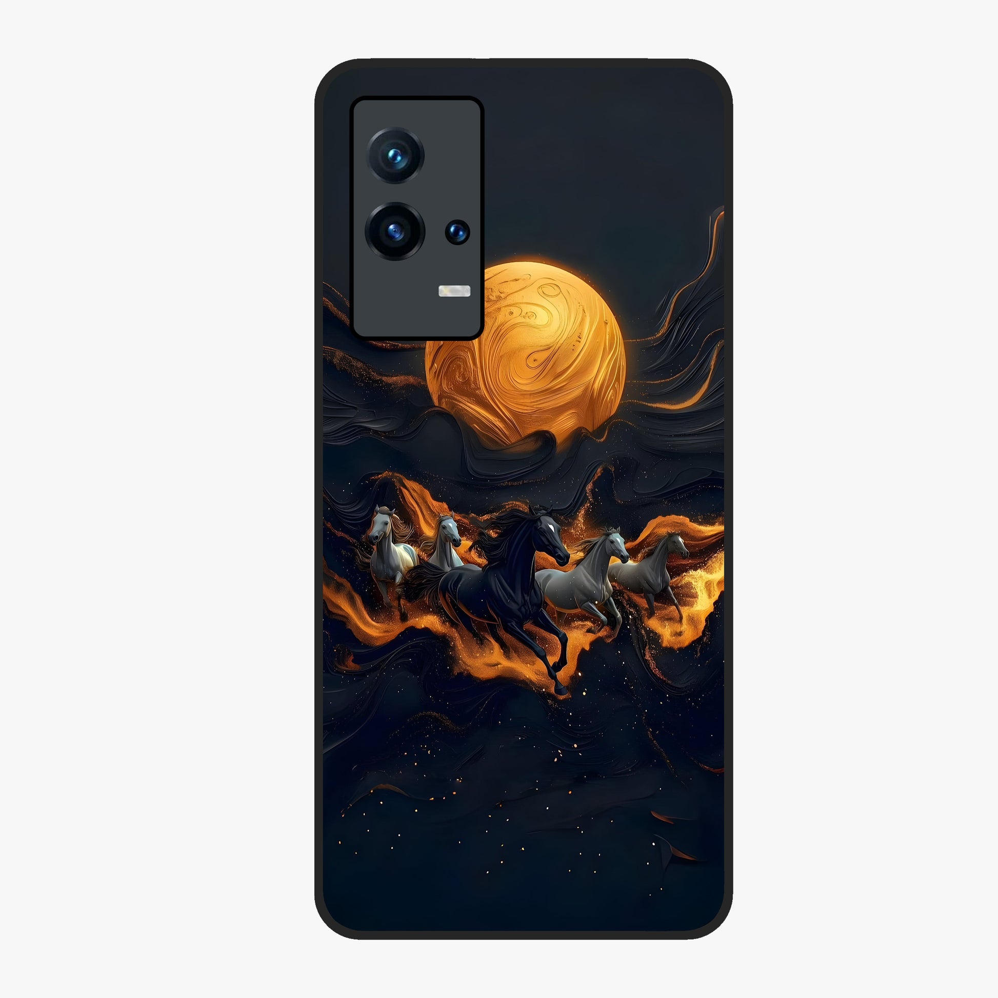 Golden Stallion Moonride Glass Case showing flat back view with majestic horse under moonlight artwork and glossy glass finish.