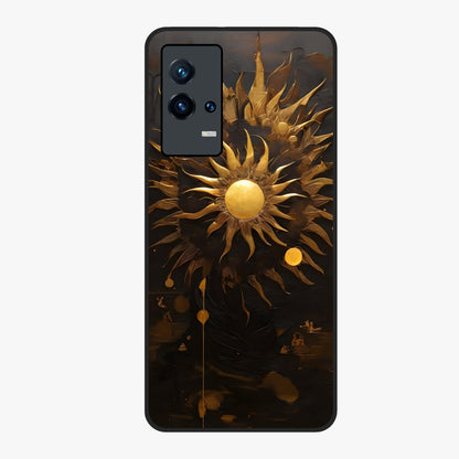 Golden Sun Majesty Glass Case showing flat back view with radiant golden sun artwork and glossy glass finish.