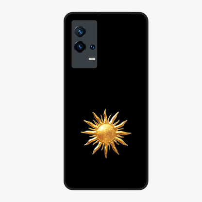 Golden Sun Minimalism Glass Case showing flat back view with minimal golden sun artwork and glossy glass finish.