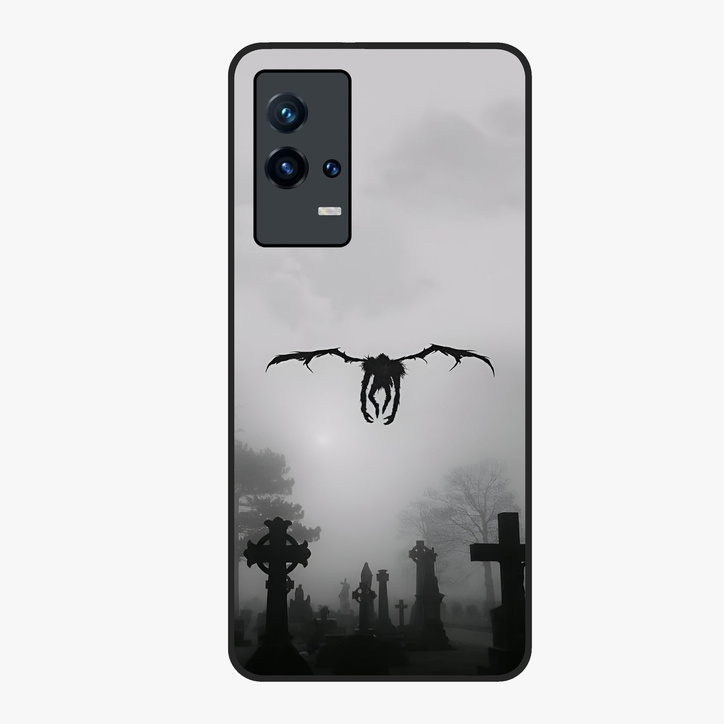 Graveyard Shadow Descent Glass Case showing flat back view with dark graveyard themed artwork and glossy glass finish.