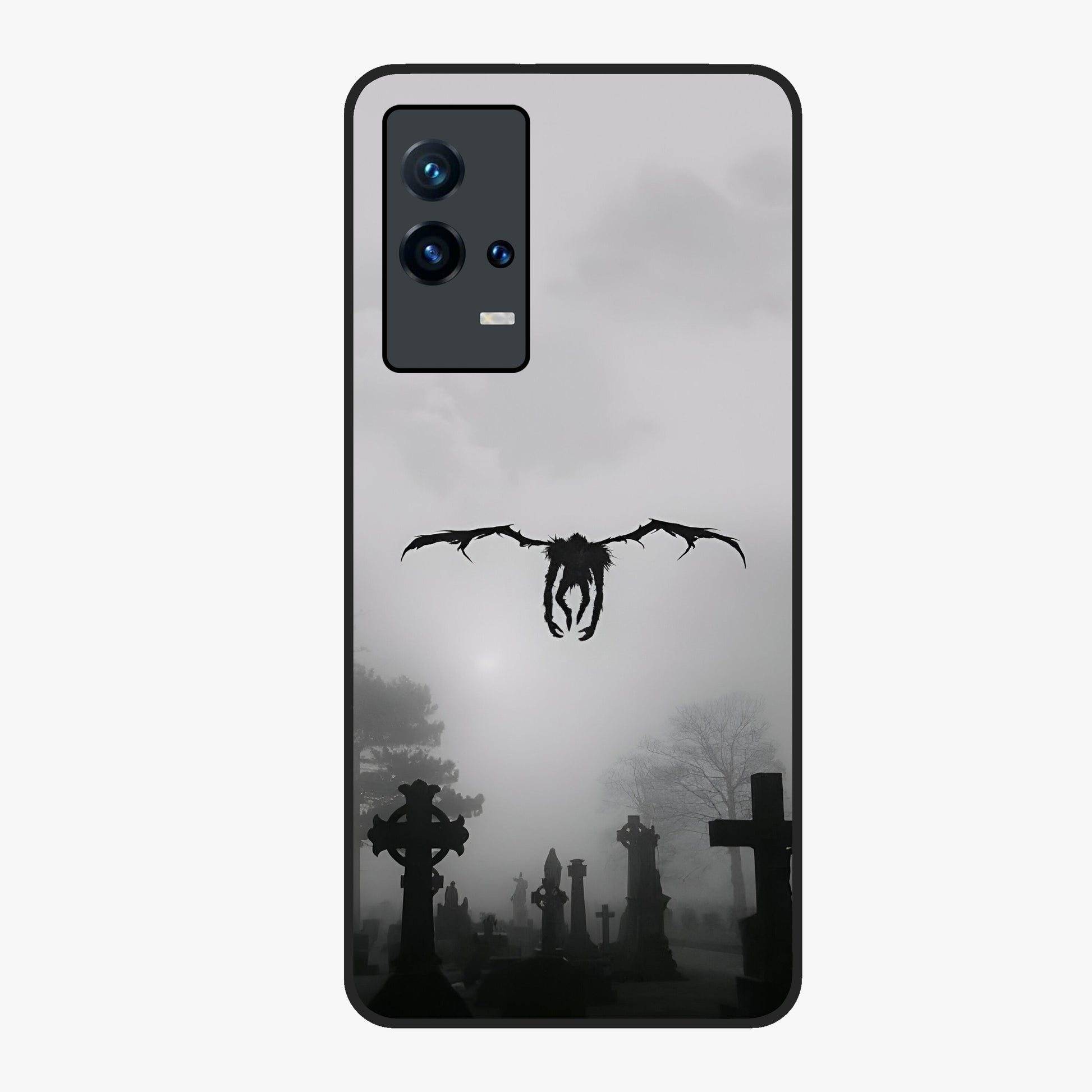 Graveyard Shadow Descent Glass Case showing flat back view with dark graveyard themed artwork and glossy glass finish.