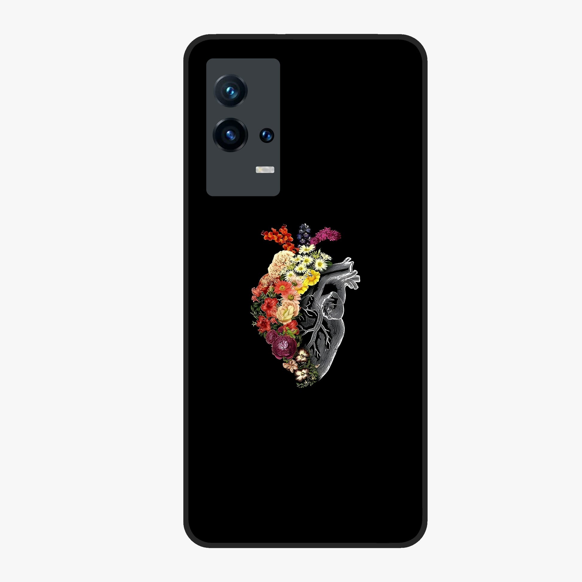 Heart With Flowers Glass Case showing flat back view with heart shaped floral artwork and glossy glass finish.