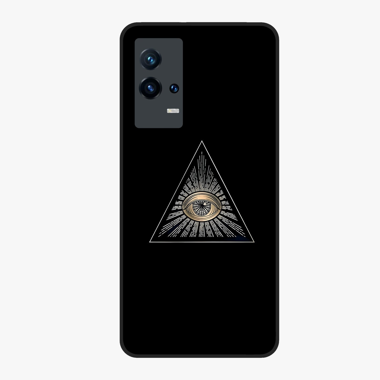 Illuminati Evil Glass Case showing flat back view with mysterious illuminati symbol artwork and glossy glass finish.