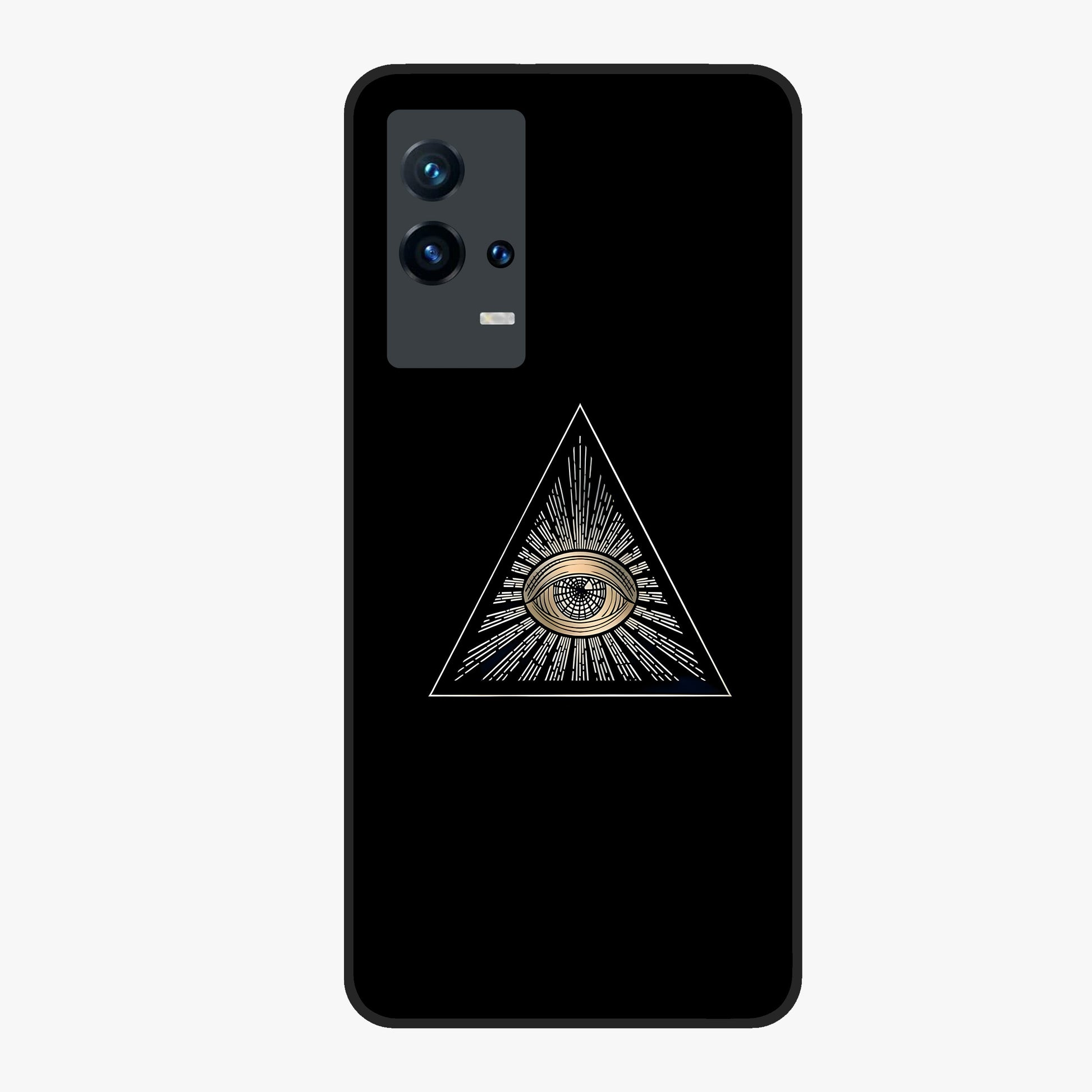 Illuminati Evil Glass Case showing flat back view with mysterious illuminati symbol artwork and glossy glass finish.