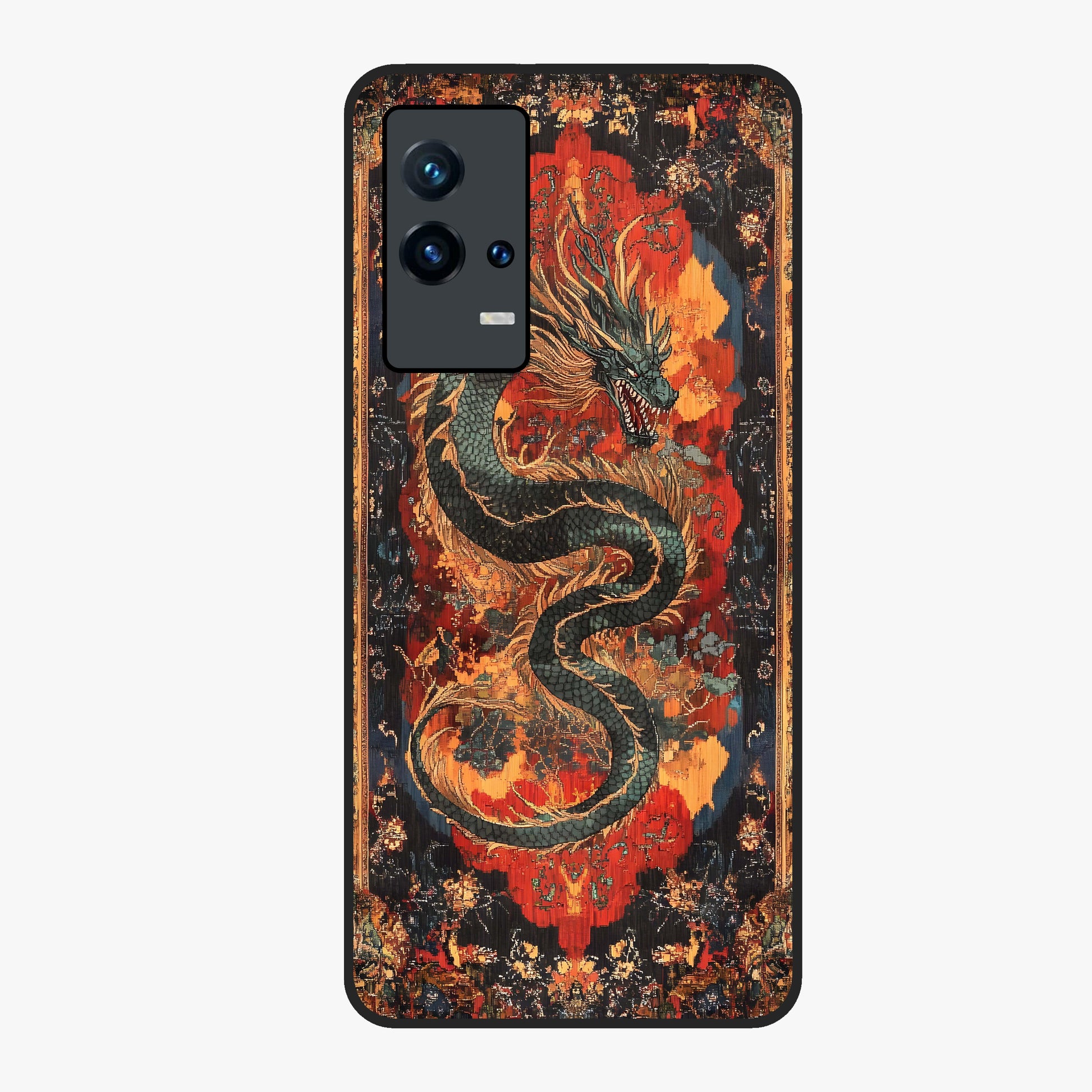Inferno Dragon Soul Glass Case showing flat back view with fiery dragon artwork and glossy glass finish.