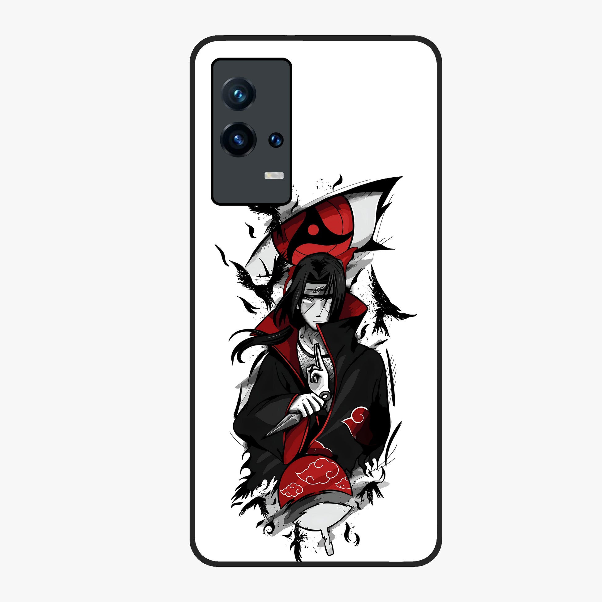 Itachi Sharingan Glass Case showing flat back view with powerful anime eye artwork and glossy glass finish.