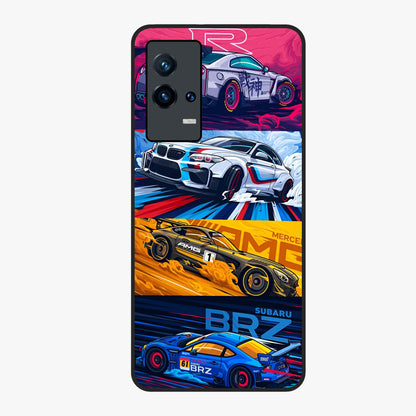 JDM Sports Car Glass Case showing flat back view with high performance sports car artwork and glossy glass finish.