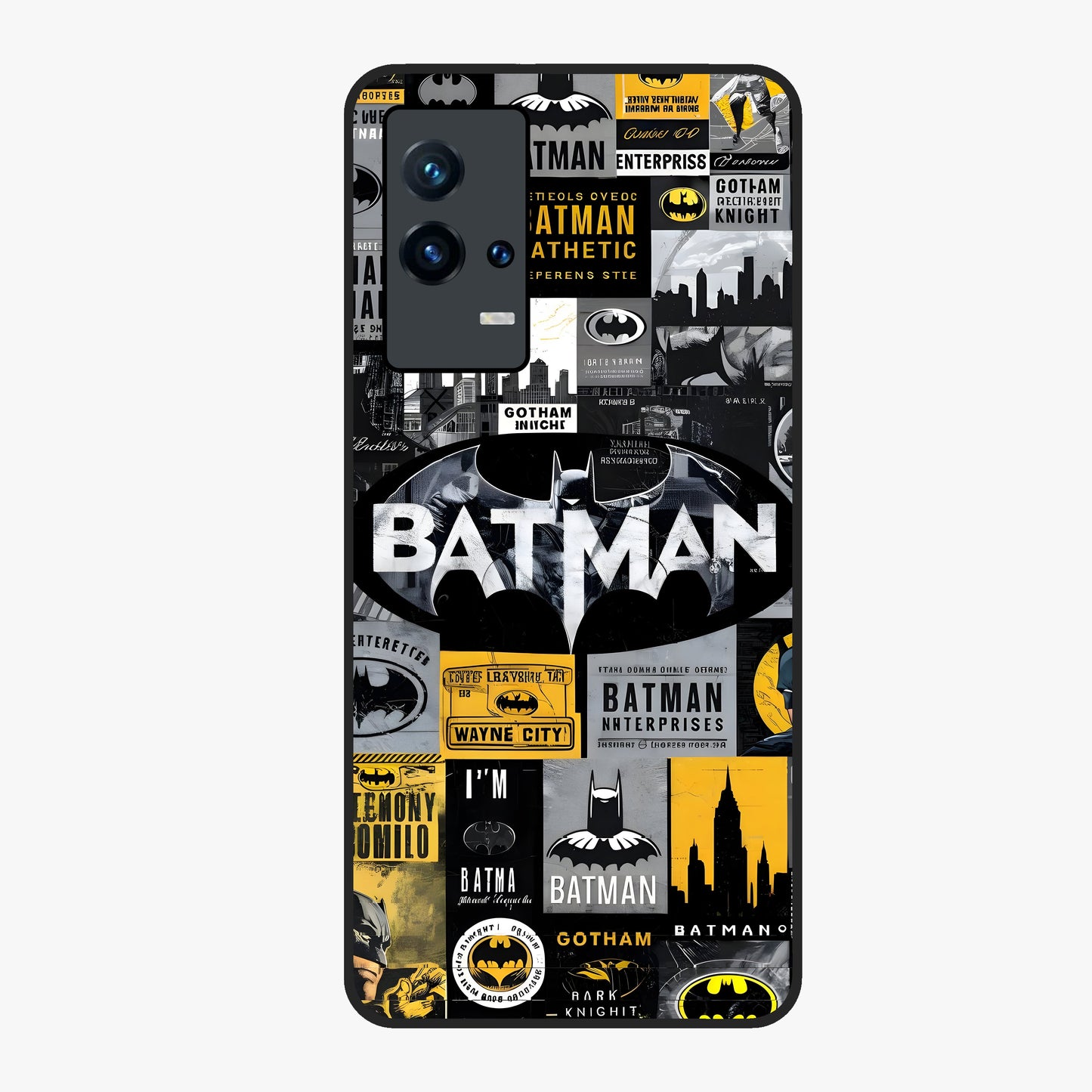 Knight Gotham Rise Glass Case showing flat back view with dark hero inspired artwork and glossy glass finish.