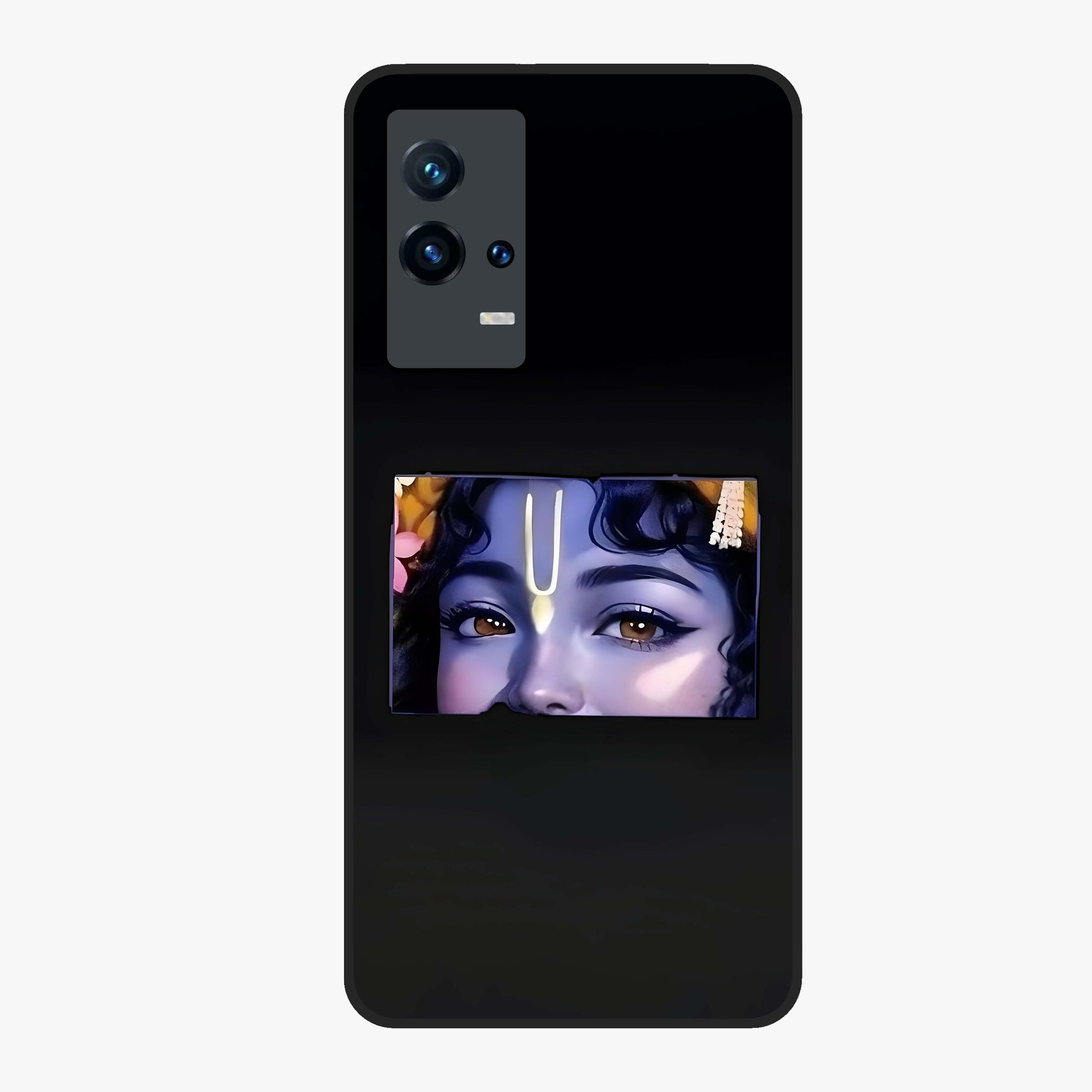 Krishna Divine Embrace Glass Case showing flat back view with Lord Krishna devotional artwork and glossy glass finish.