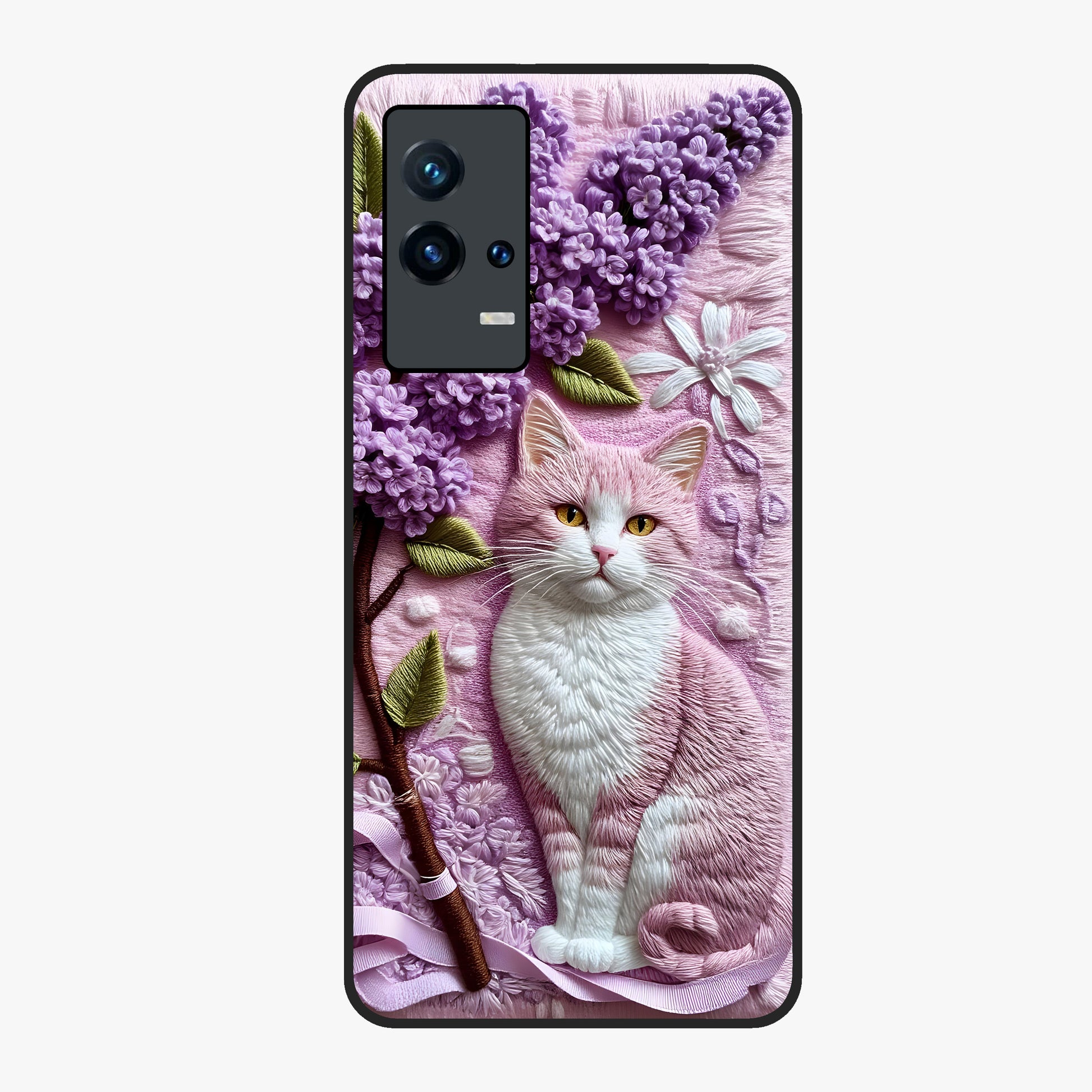 Lavender Cat Whimsy Glass Case showing flat back view with cute lavender cat artwork and glossy glass finish.