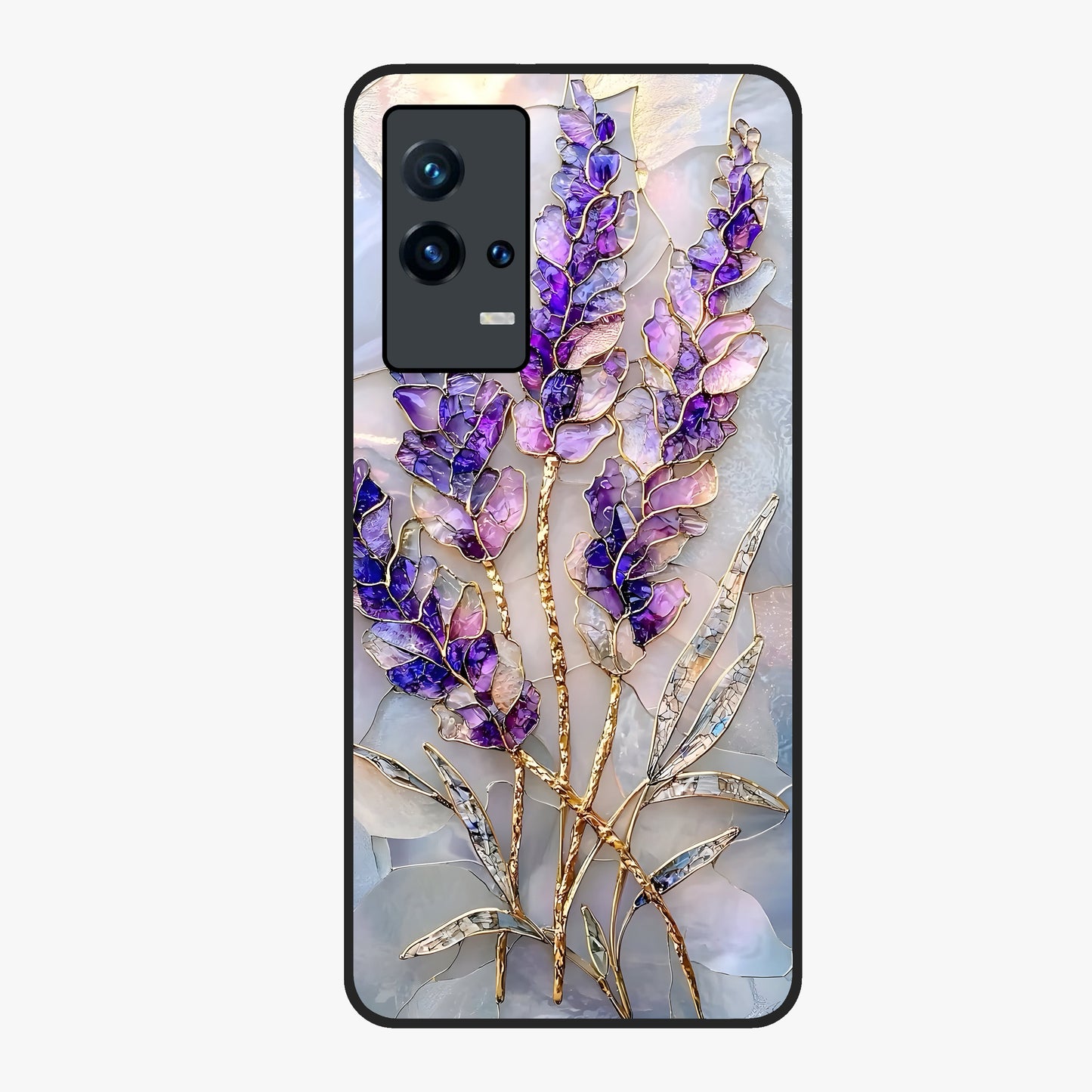 Lavender Dream Glow Glass Case showing flat back view with glowing lavender aesthetic artwork and glossy glass finish.