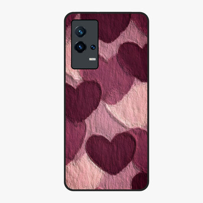 Layered Paper Hearts Glass Case showing flat back view with layered paper heart artwork and glossy glass finish.