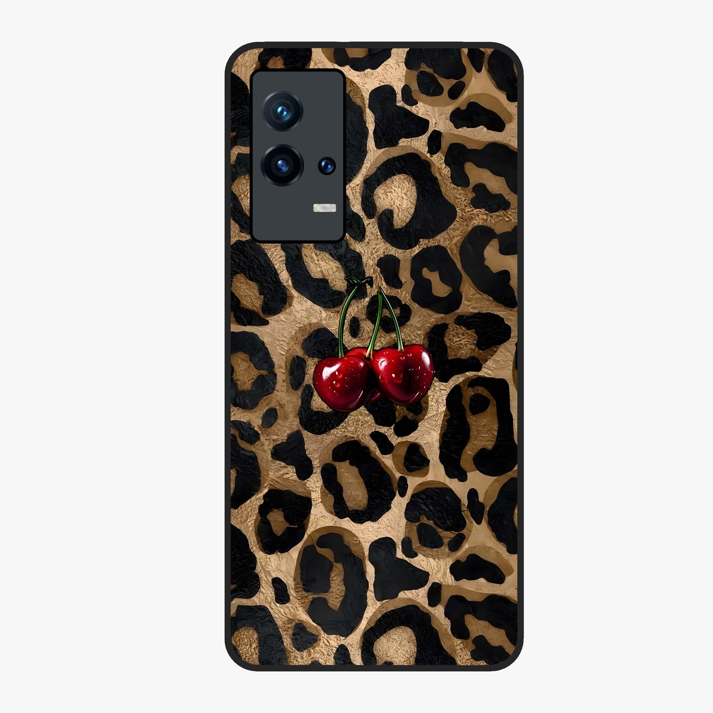 Leopard Wild Cherry Glass Case showing flat back view with leopard pattern and cherry artwork and glossy glass finish.