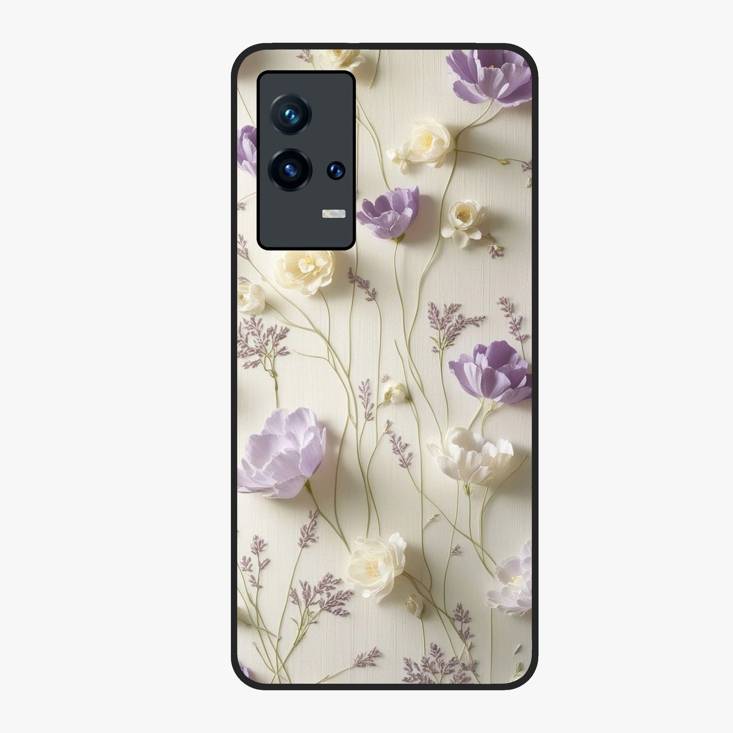 Lilac Breeze Harmony Glass Case showing flat back view with soft lilac themed artwork and glossy glass finish.