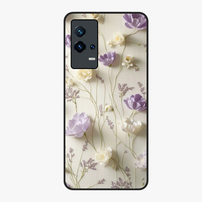 Lilac Breeze Harmony Glass Case showing flat back view with soft lilac themed artwork and glossy glass finish.