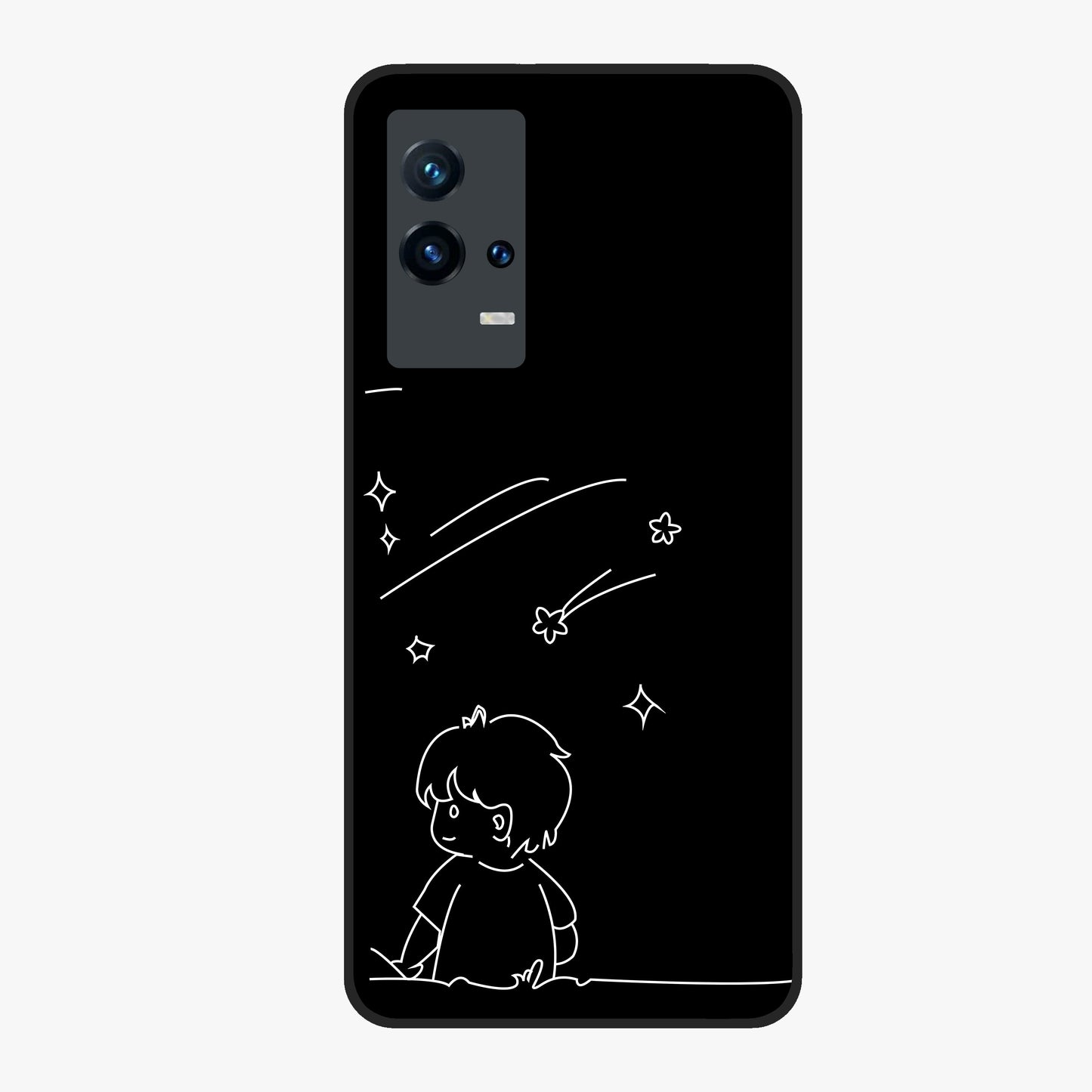 Line Art Boy With Shooting Stars Glass Case showing flat back view with minimal line art boy and shooting stars illustration and glossy glass finish.