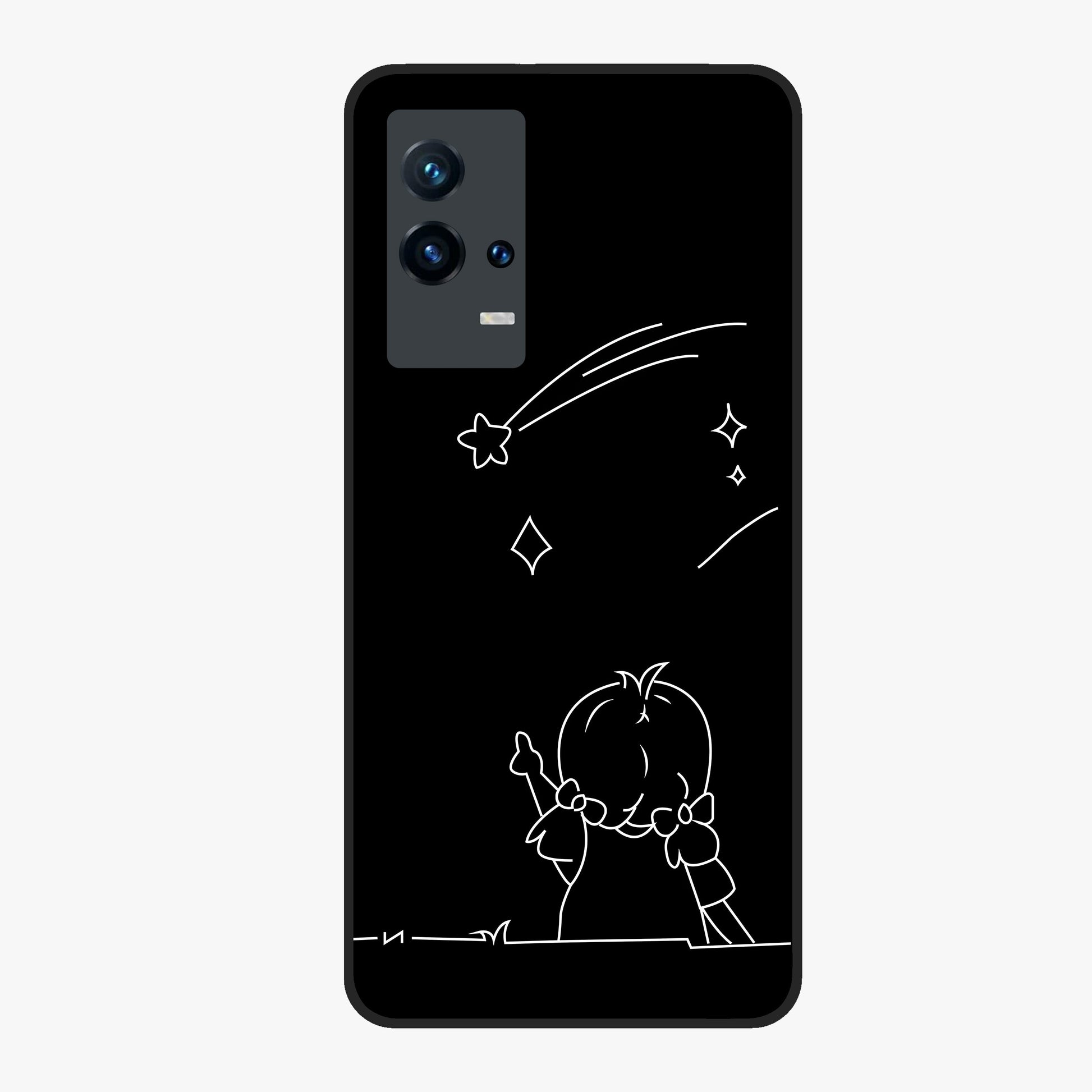 Line Art Girl With Shooting Stars Glass Case showing flat back view with minimal line art girl and shooting stars illustration and glossy glass finish.