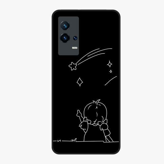 Line Art Girl With Shooting Stars Glass Case showing flat back view with minimal line art girl and shooting stars illustration and glossy glass finish.
