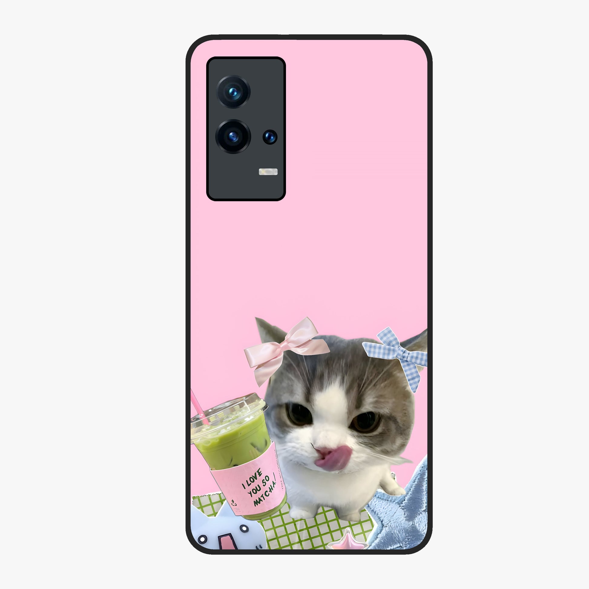 Love Matcha Cat Glass Case showing flat back view with cute cat and matcha themed artwork and glossy glass finish.